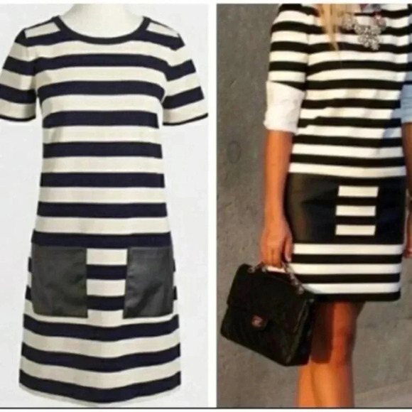 J. Crew Navy & Cream Stripe Faux Leather Pockets Dress Short Sleeve Size XXS - Picture 1 of 10